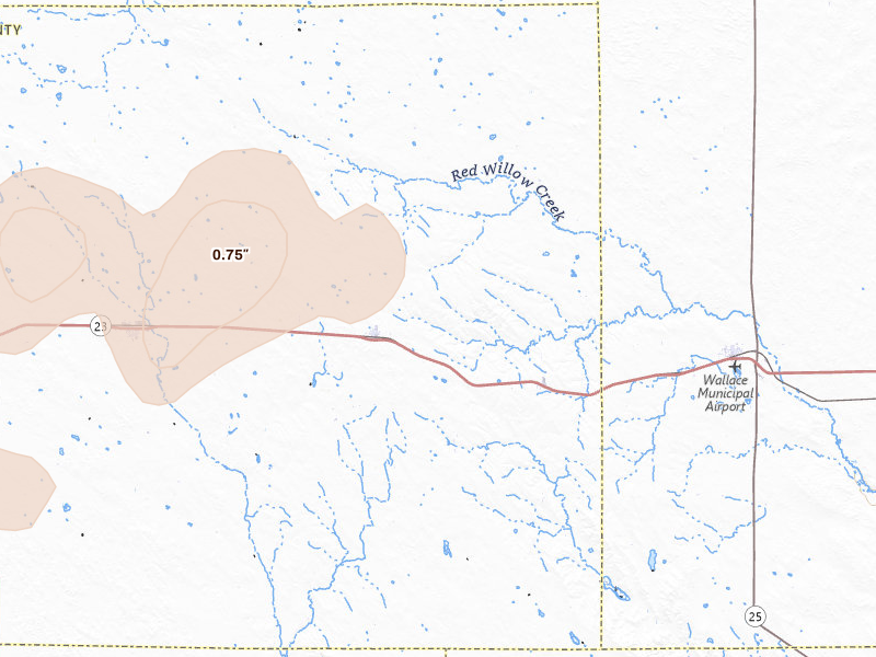 Radar-estimated hail-size map of the storm over Elsie, NE on Jul 2, 2026