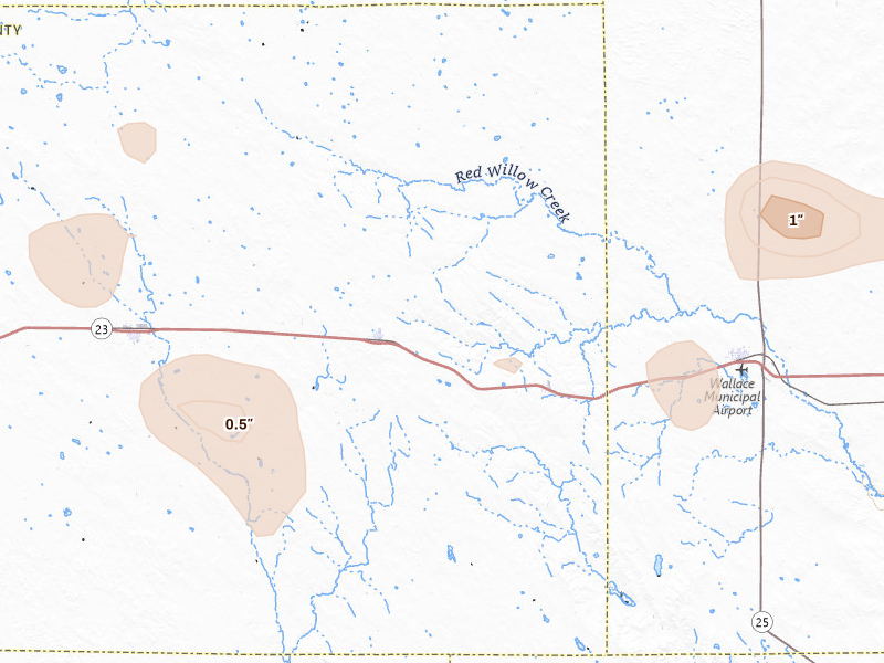 Radar-estimated hail-size map of the storm over Elsie, NE on Jul 8, 2026