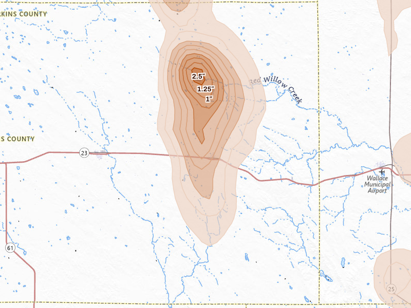 Radar-estimated hail-size map of the storm over Elsie, NE on Aug 27, 2026