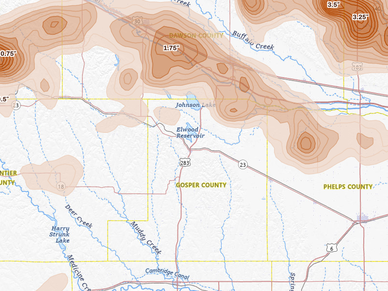 Radar-estimated hail-size map of the storm over Elwood, NE on May 16, 2026