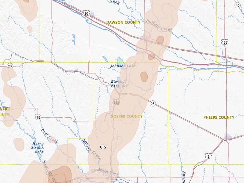 Radar-estimated hail-size map of the storm over Elwood, NE on May 30, 2026