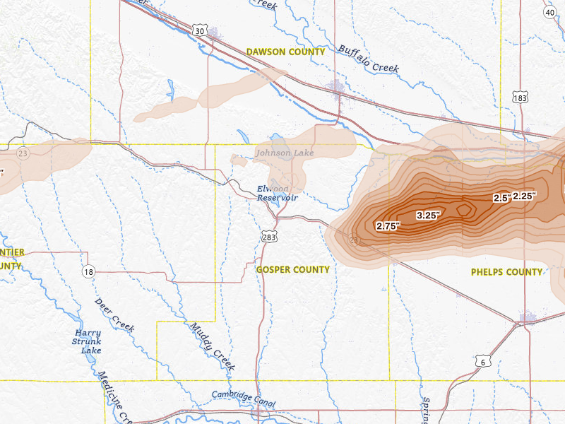 Radar-estimated hail-size map of the storm over Elwood, NE on Jun 10, 2026