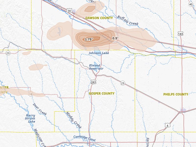 Radar-estimated hail-size map of the storm over Elwood, NE on Jun 12, 2026