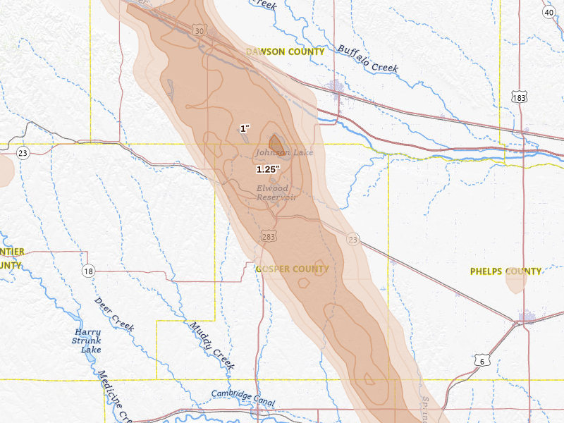 Radar-estimated hail-size map of the storm over Elwood, NE on Jun 24, 2026