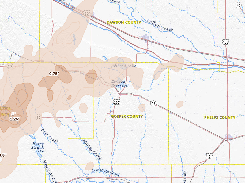 Radar-estimated hail-size map of the storm over Elwood, NE on Jul 2, 2026