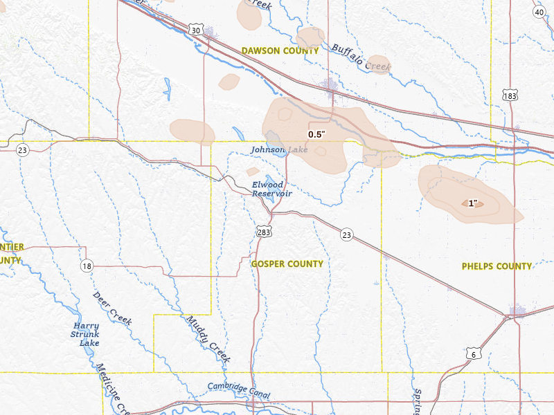 Radar-estimated hail-size map of the storm over Elwood, NE on Jul 8, 2026
