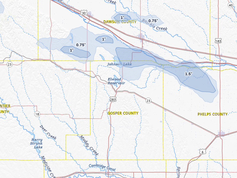 NEXRAD radar-signature map of the hail storm over Elwood, NE on Jul 8, 2026