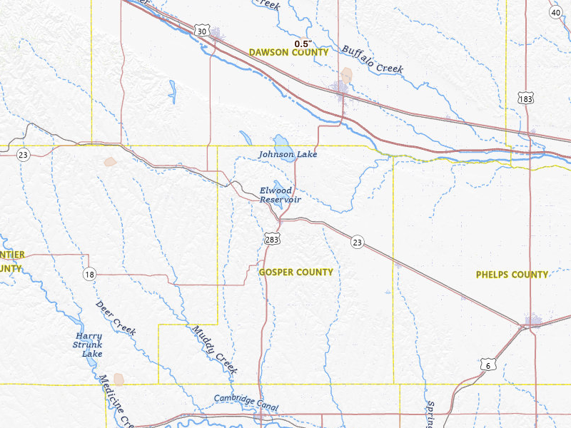 Radar-estimated hail-size map of the storm over Elwood, NE on Jul 9, 2026