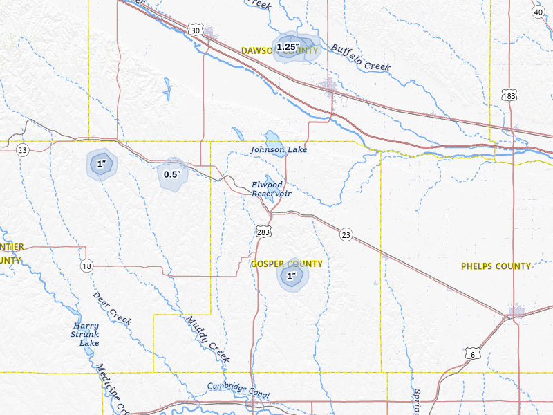 NEXRAD radar-signature map of the hail storm over Elwood, NE on Jul 9, 2026