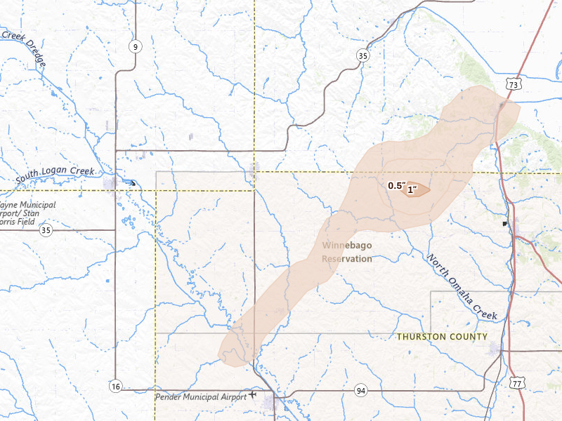 Radar-estimated hail-size map of the storm over Emerson, NE on Apr 23, 2026