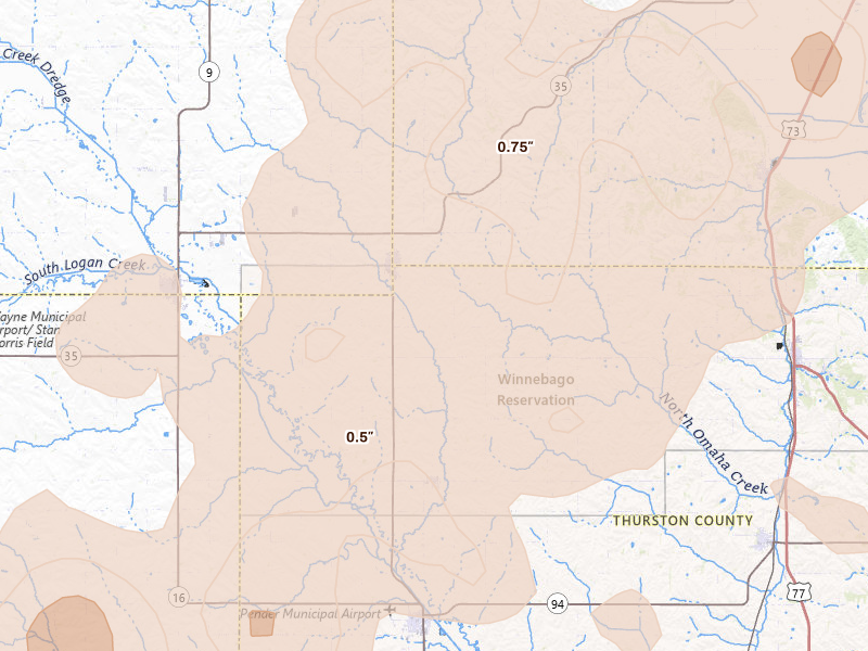 Radar-estimated hail-size map of the storm over Emerson, NE on May 17, 2026