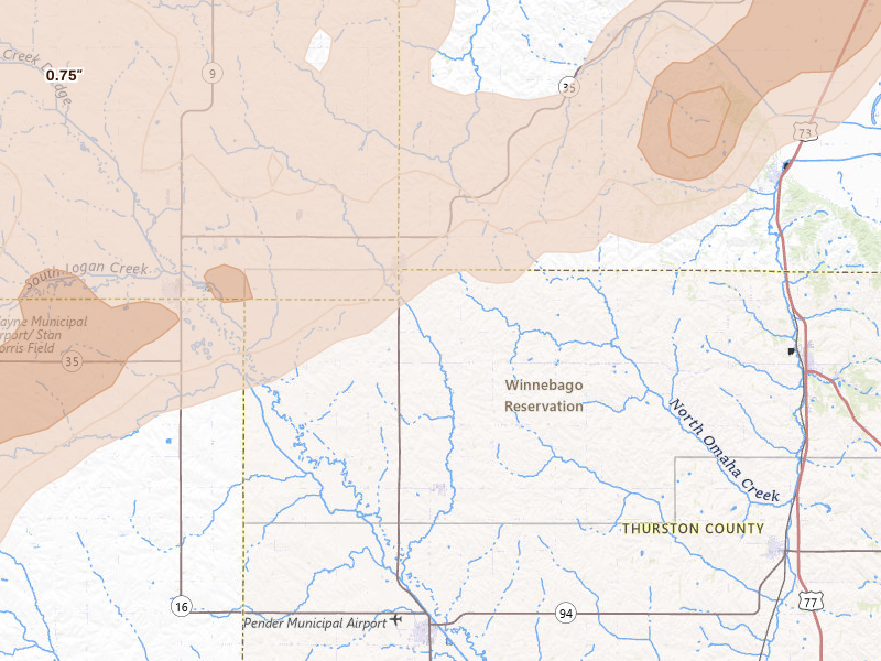 Radar-estimated hail-size map of the storm over Emerson, NE on Jun 29, 2026
