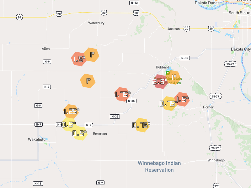 Hail map of Emerson, NE on Jun 30, 2026, hail up to 2.5"