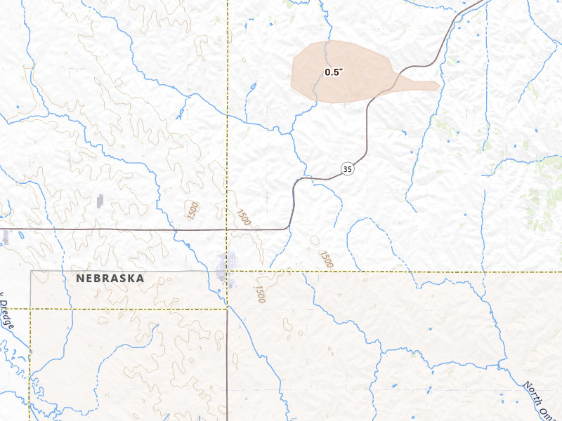 Radar-estimated hail-size map of the storm over Emerson, NE on Aug 11, 2026