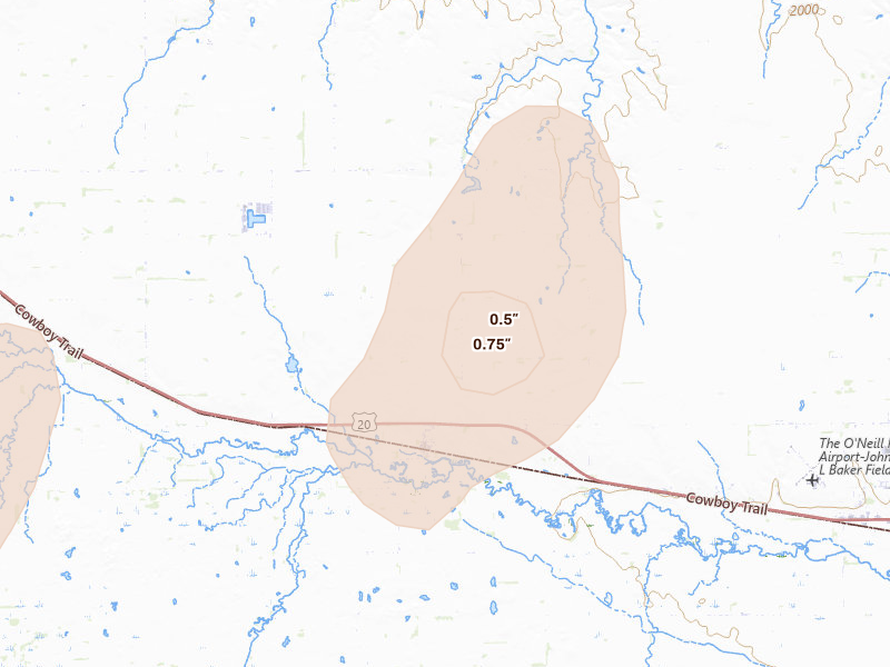 Radar-estimated hail-size map of the storm over Emmet, NE on May 25, 2026