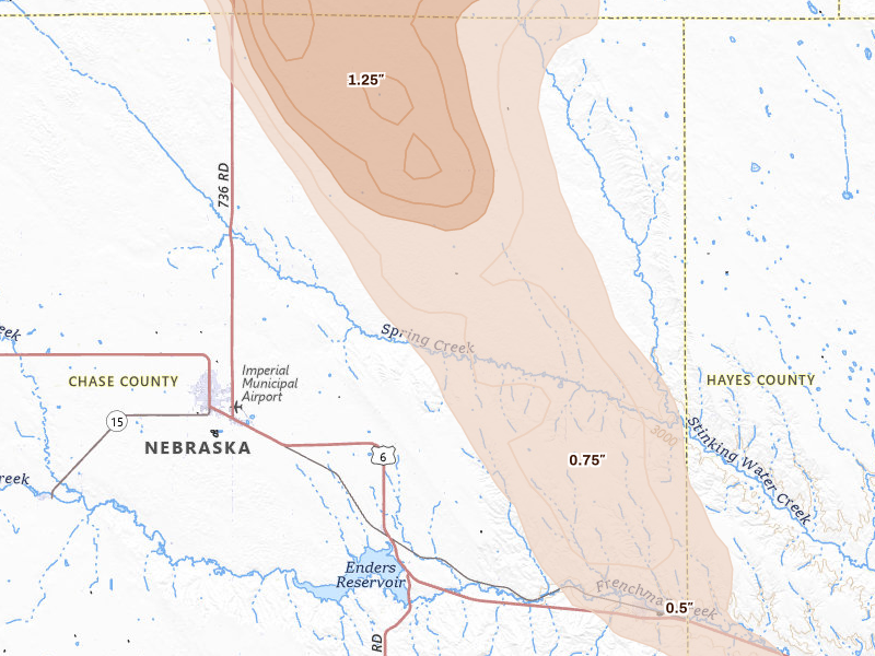 Radar-estimated hail-size map of the storm over Enders, NE on Jun 24, 2026