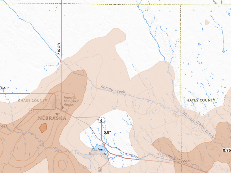 Radar-estimated hail-size map of the storm over Enders, NE on Jul 2, 2026