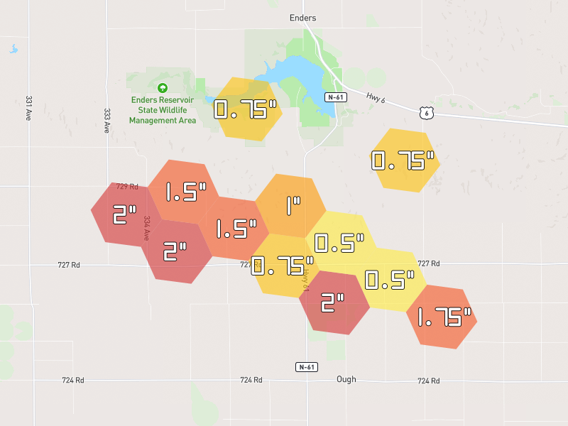 Hail map of Enders, NE on Jul 3, 2026, hail up to 2"