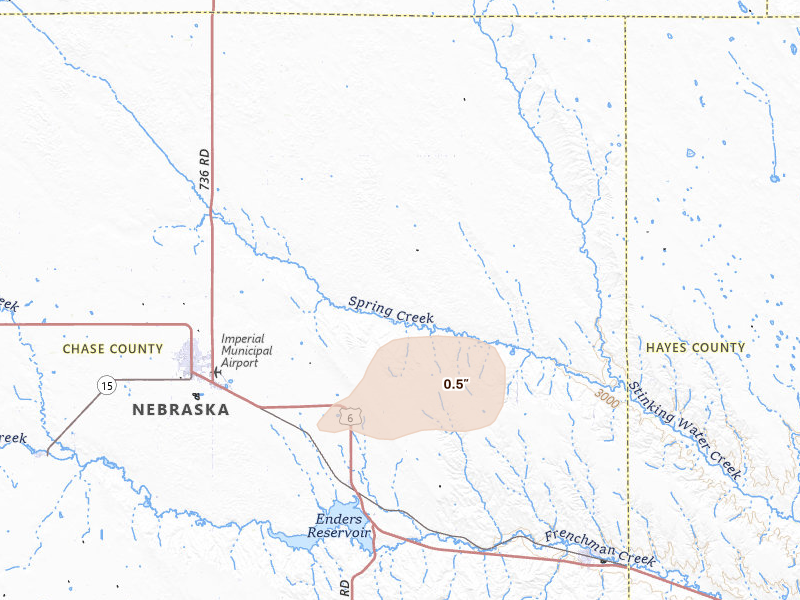 Radar-estimated hail-size map of the storm over Enders, NE on Jul 9, 2026