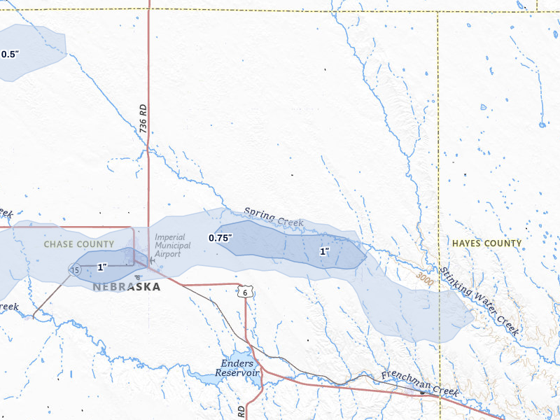 NEXRAD radar-signature map of the hail storm over Enders, NE on Jul 9, 2026
