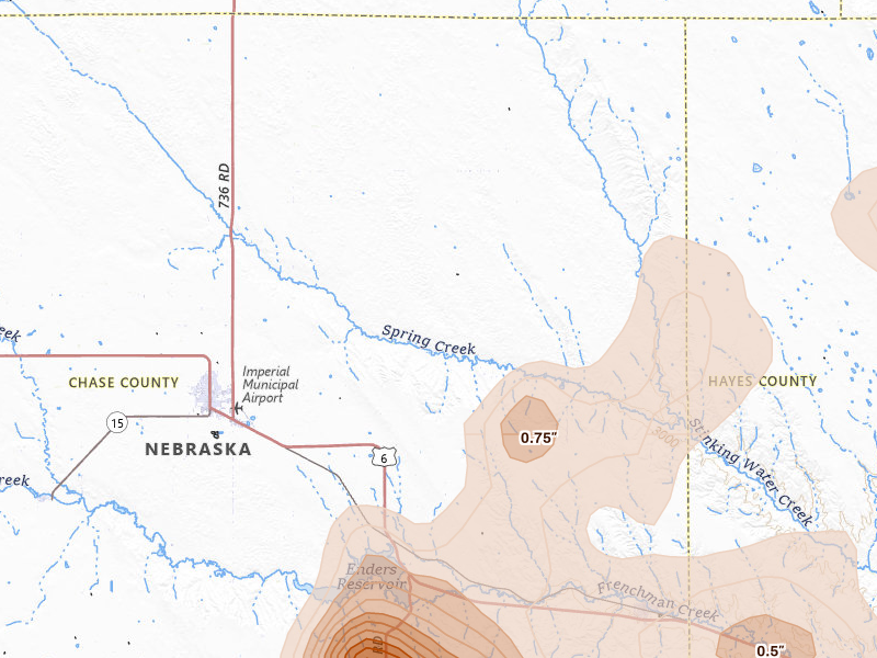 Radar-estimated hail-size map of the storm over Enders, NE on Jul 27, 2026