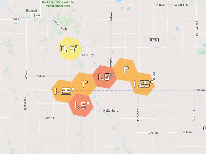 Hail map of Endicott, NE on Jul 4, 2026, hail up to 1.5"