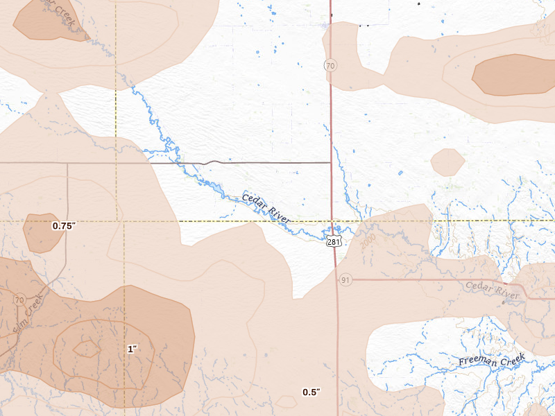 Radar-estimated hail-size map of the storm over Ericson, NE on Jun 12, 2026
