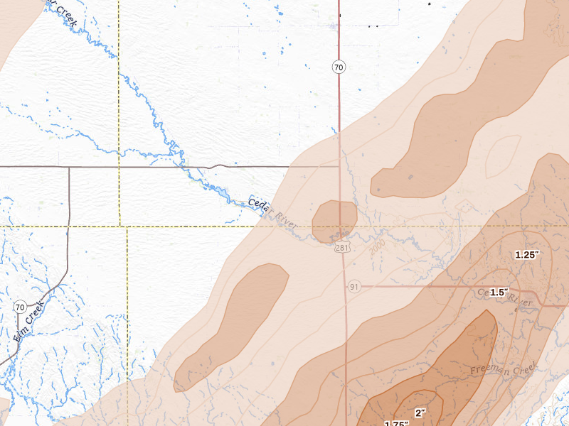 Radar-estimated hail-size map of the storm over Ericson, NE on Jun 29, 2026