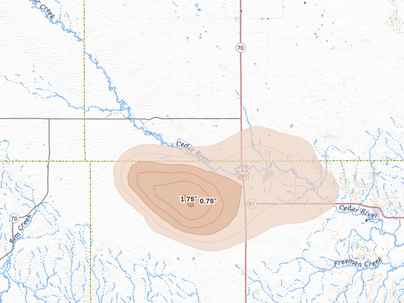 Radar-estimated hail-size map of the storm over Ericson, NE on Jul 8, 2026