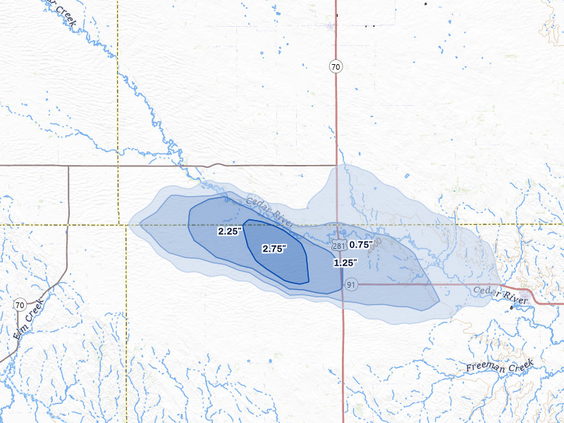 NEXRAD radar-signature map of the hail storm over Ericson, NE on Jul 8, 2026