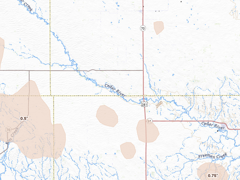 Radar-estimated hail-size map of the storm over Ericson, NE on Jul 30, 2026