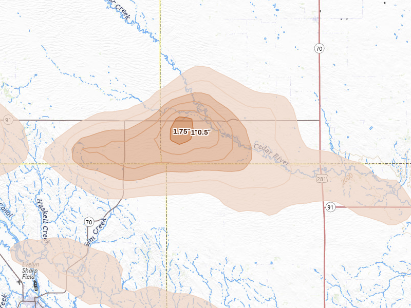 Radar-estimated hail-size map of the storm over Ericson, NE on Aug 8, 2026