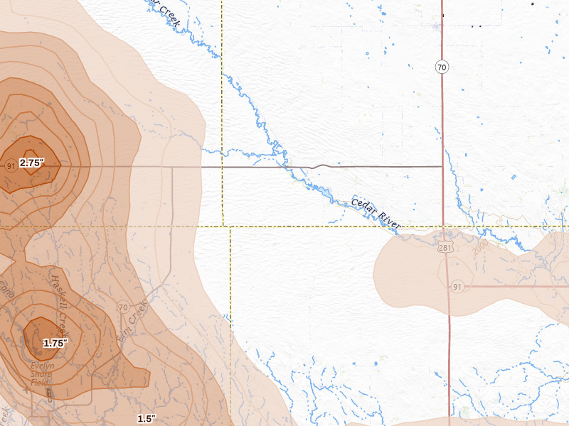 Radar-estimated hail-size map of the storm over Ericson, NE on Aug 17, 2026