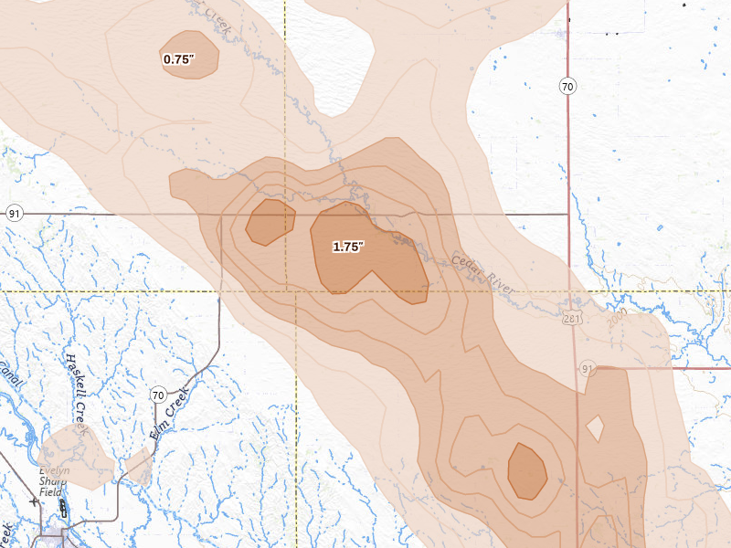 Radar-estimated hail-size map of the storm over Ericson, NE on Aug 19, 2026