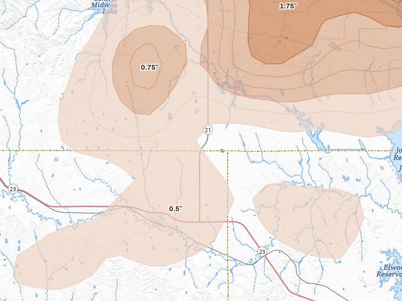 Radar-estimated hail-size map of the storm over Eustis, NE on May 16, 2026