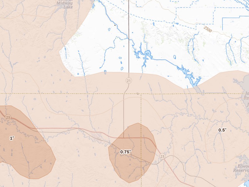 Radar-estimated hail-size map of the storm over Eustis, NE on Jul 2, 2026