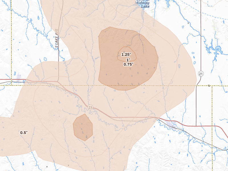 Radar-estimated hail-size map of the storm over Eustis, NE on Aug 20, 2026