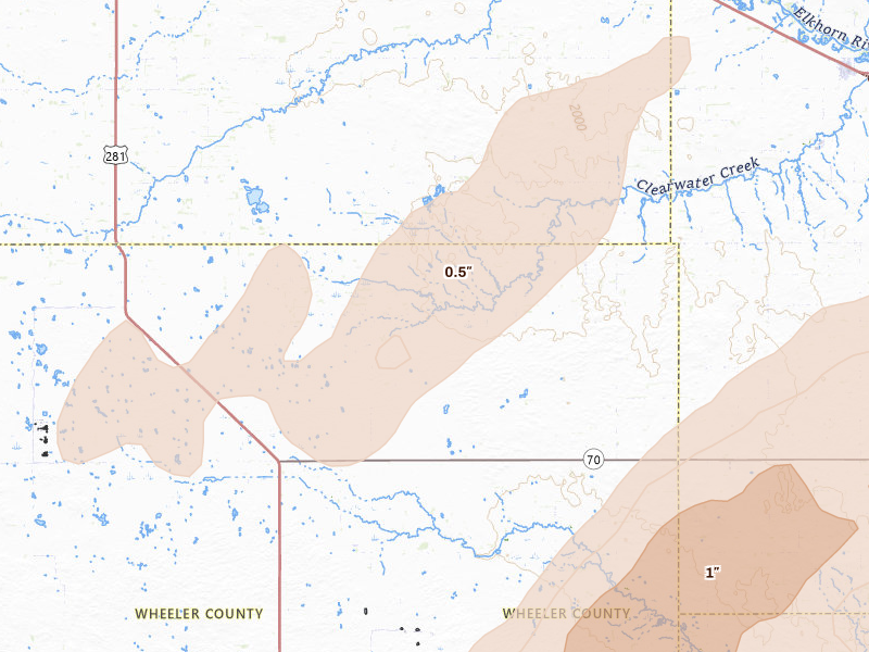 Radar-estimated hail-size map of the storm over Ewing, NE on Jun 29, 2026