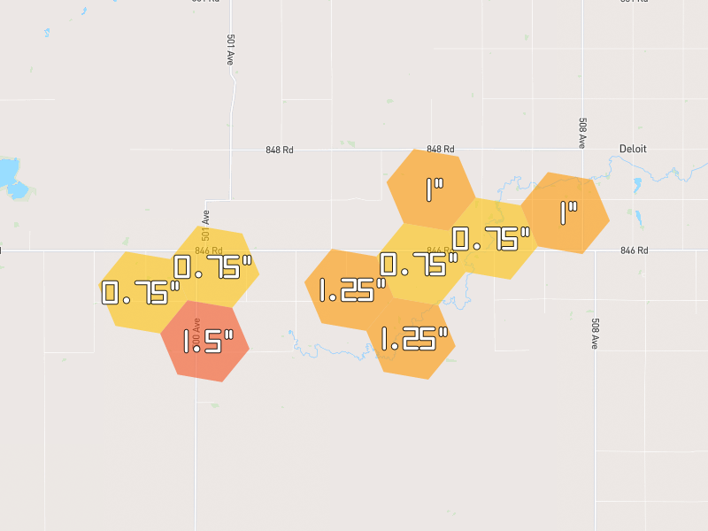 Hail map of Ewing, NE on Jun 30, 2026, hail up to 1.5"