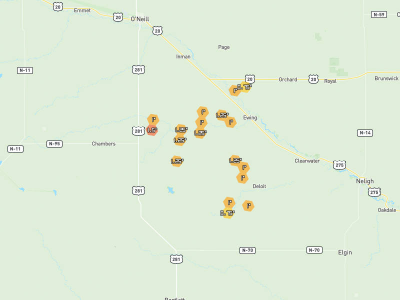 Hail map of Ewing, NE on Jul 1, 2026, hail up to 1.5"