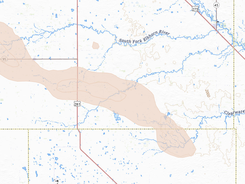 Radar-estimated hail-size map of the storm over Ewing, NE on Aug 11, 2026