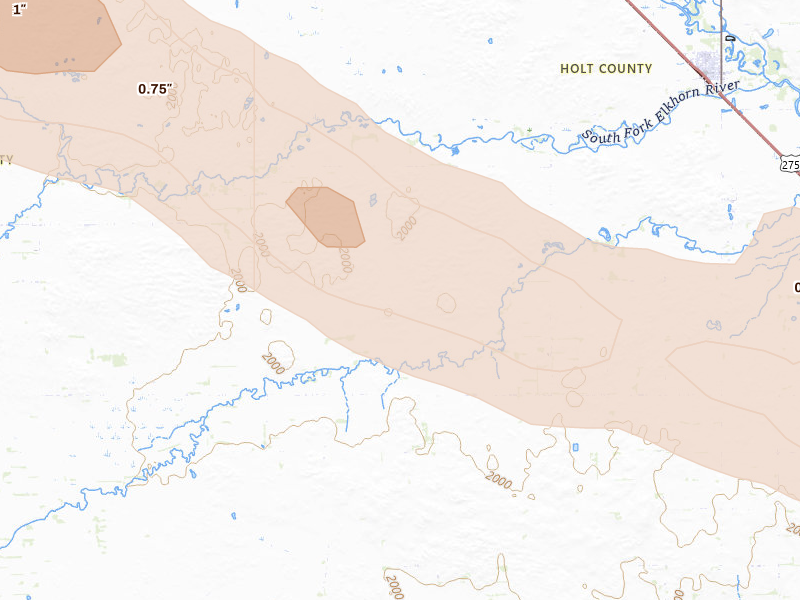 Radar-estimated hail-size map of the storm over Ewing, NE on Aug 21, 2026