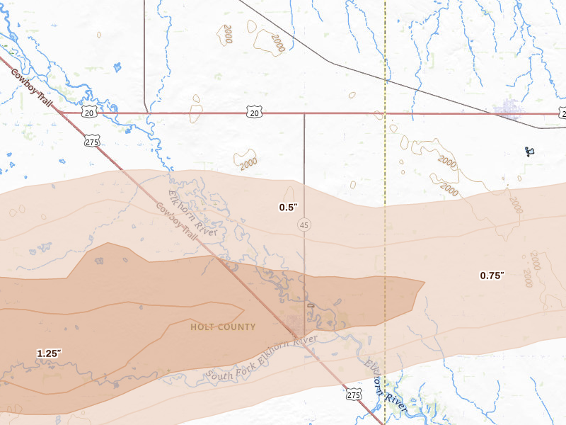 Radar-estimated hail-size map of the storm over Ewing, NE on Sep 1, 2026