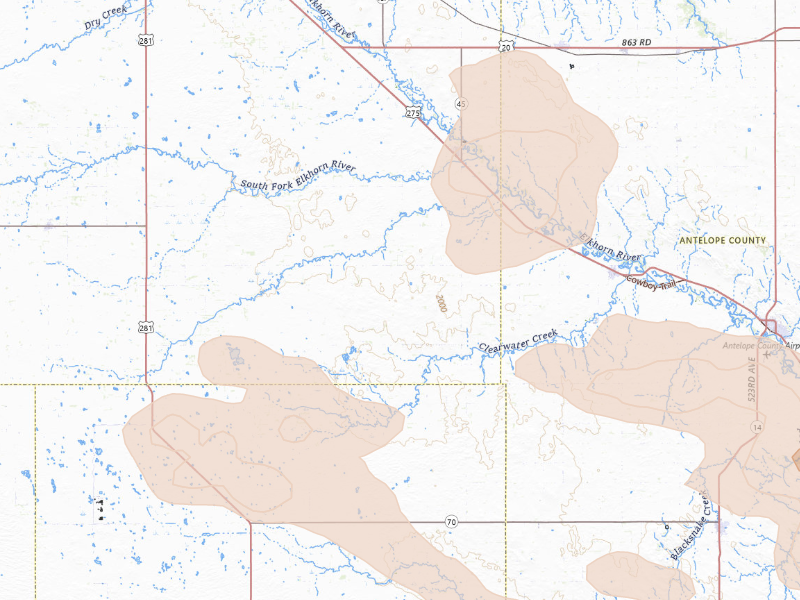 Radar-estimated hail-size map of the storm over Ewing, NE on Sep 11, 2026