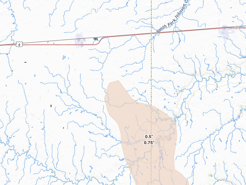 Radar-estimated hail-size map of the storm over Exeter, NE on Jun 1, 2026
