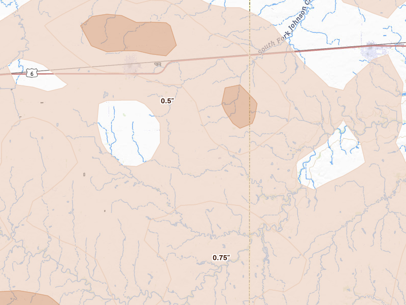 Radar-estimated hail-size map of the storm over Exeter, NE on Jun 5, 2026