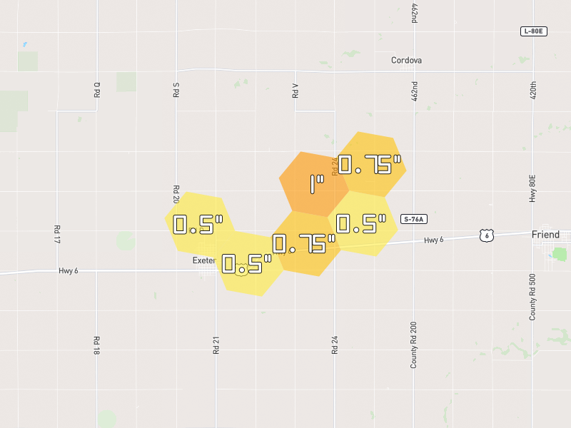 Hail map of Exeter, NE on Jul 3, 2026, hail up to 1"