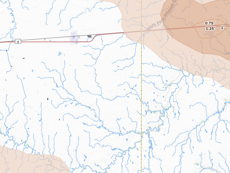 Radar-estimated hail-size map of the storm over Exeter, NE on Jul 8, 2026