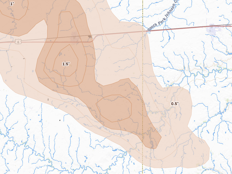 Radar-estimated hail-size map of the storm over Exeter, NE on Aug 19, 2026