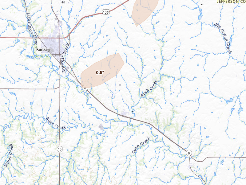 Radar-estimated hail-size map of the storm over Fairbury, NE on Mar 6, 2026
